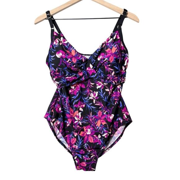 Calvin Klein Floral Print Pink Black One Piece Swimsuit Bathing Suit Size 16 - Picture 1 of 12